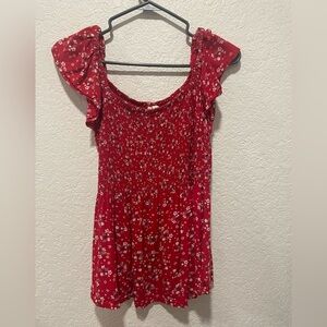 Japna Floral Ruffle Short Sleeve  Flowy Top Boho Juniors medium Red
